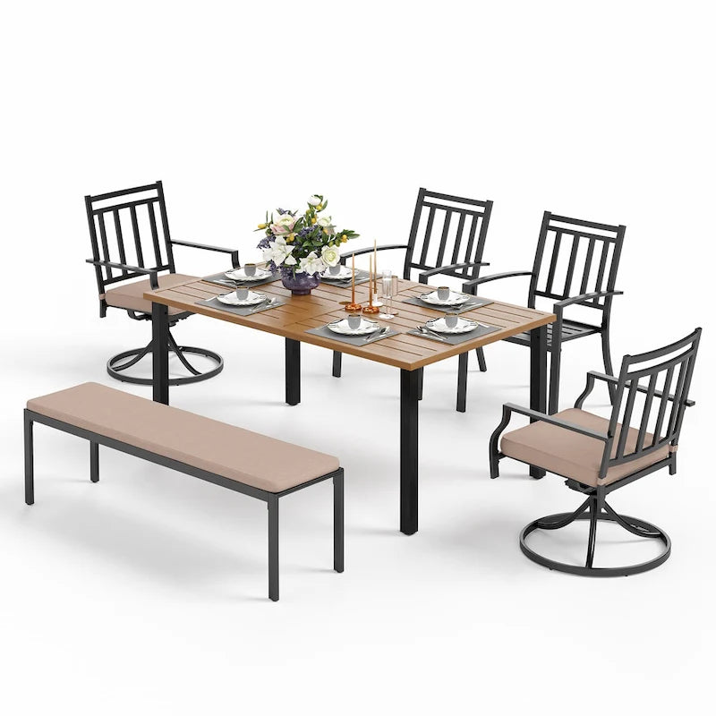 MAISON ARTS Patio Dining Set 6 Pieces with 1 Rectangle Teak Color Table, 2 Swivel Chairs, 2 Stackable Chairs and 1 Bench