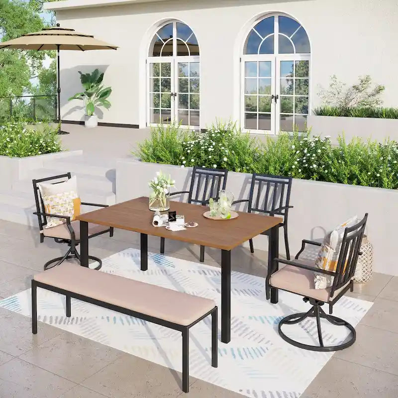 MAISON ARTS Patio Dining Set 6 Pieces with 1 Rectangle Teak Color Table, 2 Swivel Chairs, 2 Stackable Chairs and 1 Bench