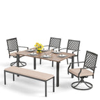 MAISON ARTS Patio Dining Set 6 Pieces with 1 Rectangle Teak Color Table, 2 Swivel Chairs, 2 Stackable Chairs and 1 Bench