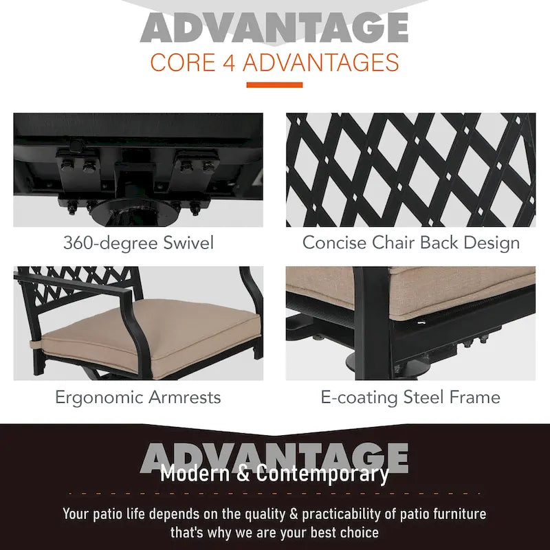 MAISON ARTS Patio Dining Set 6 Pieces with 1 Rectangle Teak Color Table, 2 Swivel Chairs, 2 Stackable Chairs and 1 Bench