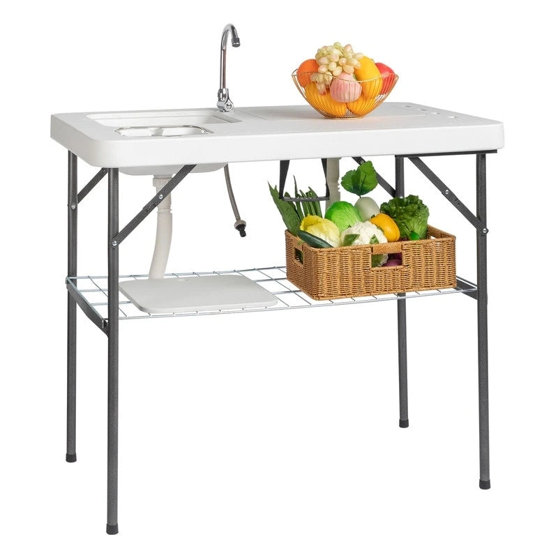 HDPE Rectangular Folding Portable Outdoor Fish Killing Table with Sink Faucet - N/A