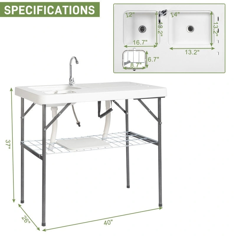 HDPE Rectangular Folding Portable Outdoor Fish Killing Table with Sink Faucet - N/A