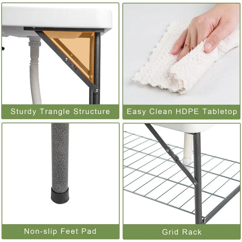 HDPE Rectangular Folding Portable Outdoor Fish Killing Table with Sink Faucet - N/A