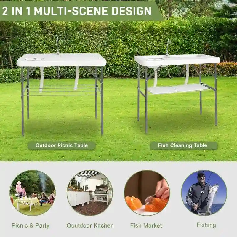 HDPE Rectangular Folding Portable Outdoor Fish Killing Table with Sink Faucet - N/A