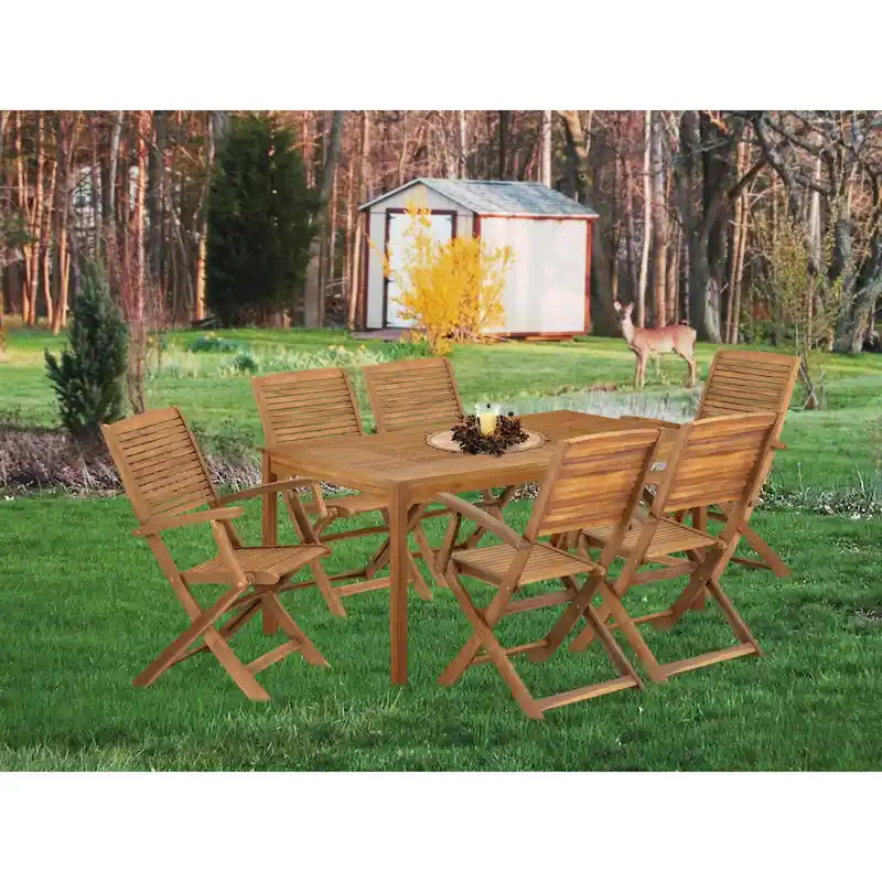 East West Furniture Patio Bistro Dining Set- a Outdoor Acacia Wood Table and Folding Arm Chairs, Natural Oil(Pieces Option)