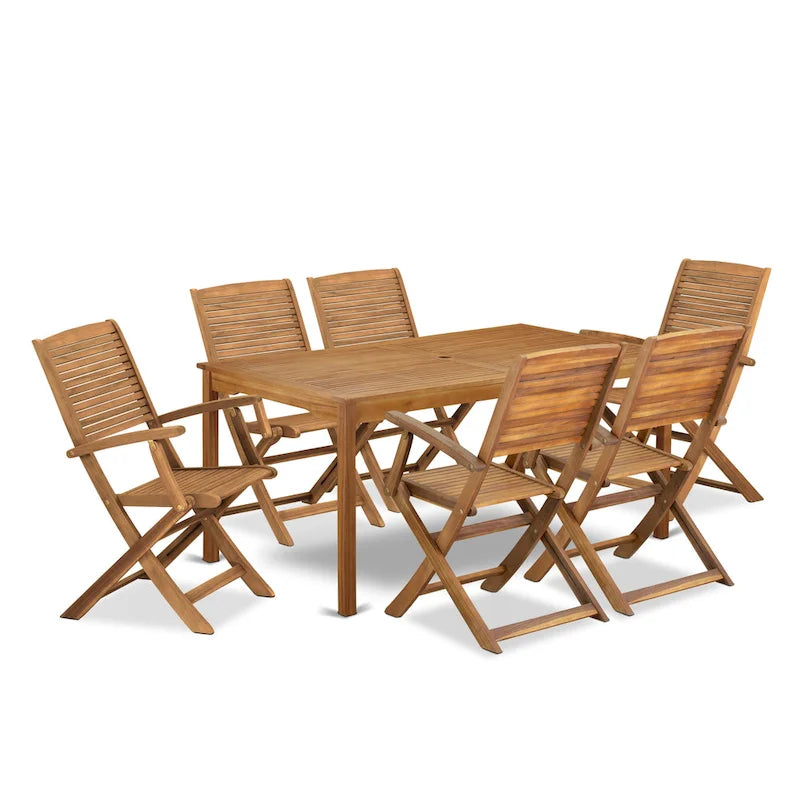 East West Furniture Patio Bistro Dining Set- a Outdoor Acacia Wood Table and Folding Arm Chairs, Natural Oil(Pieces Option)