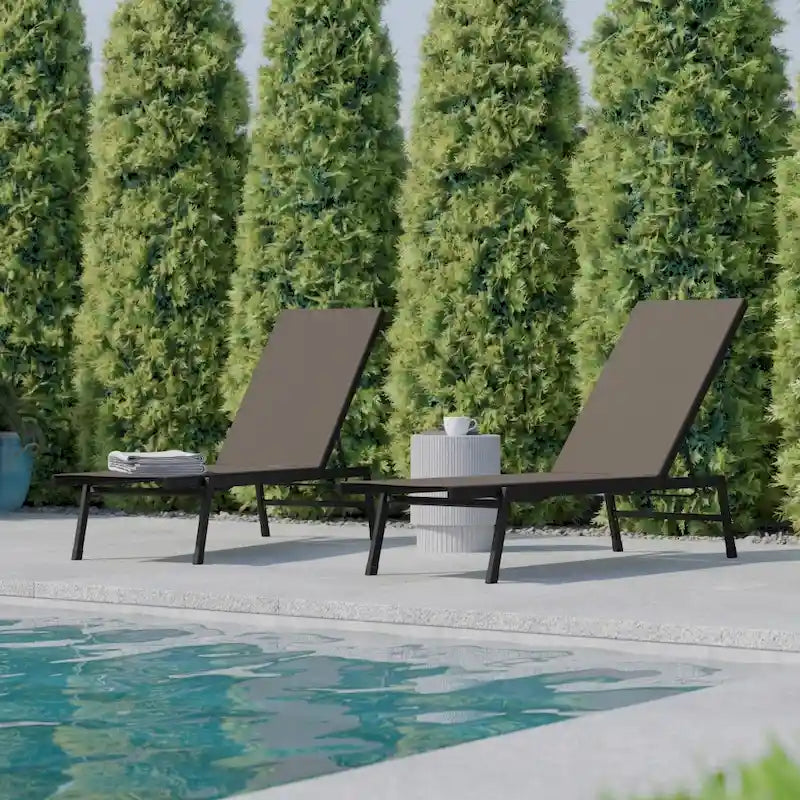 Set of 2 All-Weather Textilene Adjustable Chaise Lounge Chairs with Arms