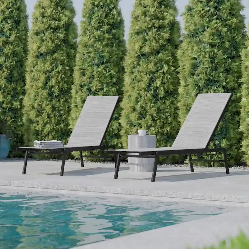 Set of 2 All-Weather Textilene Adjustable Chaise Lounge Chairs with Arms