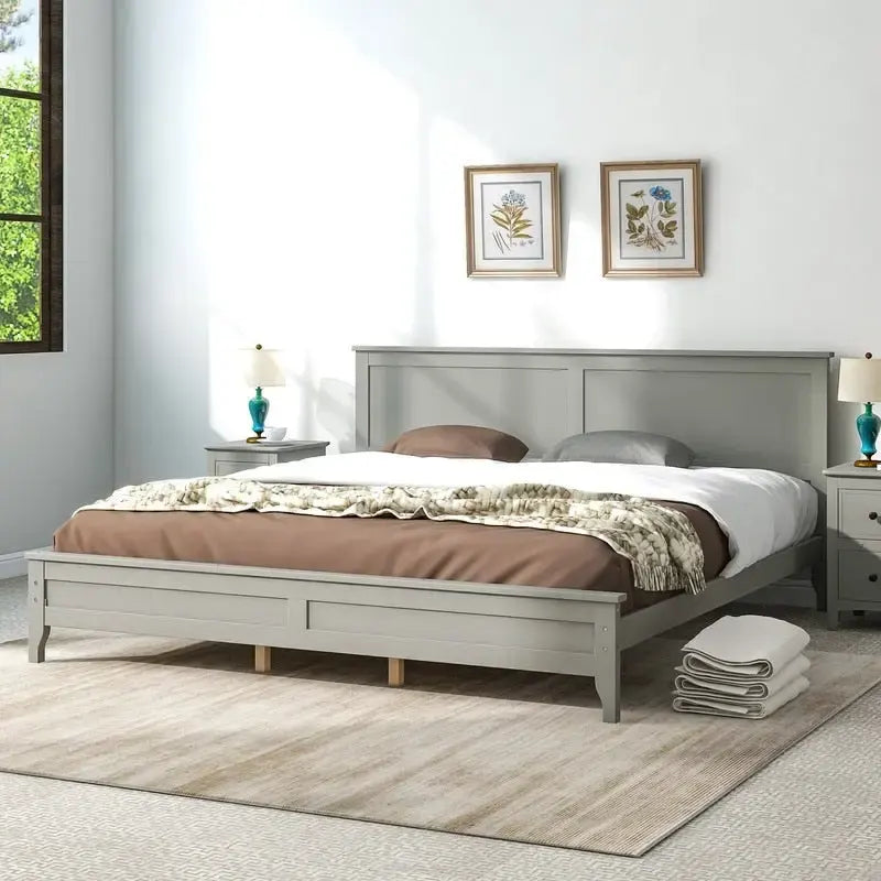 King Platform Bed Frame with Headboard & Footboard – White / Gray, Wood Slats, Single