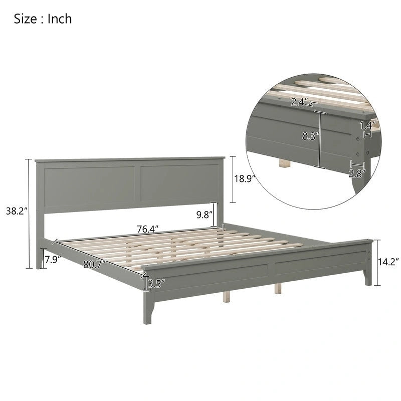 King Platform Bed Frame with Headboard & Footboard – White / Gray, Wood Slats, Single