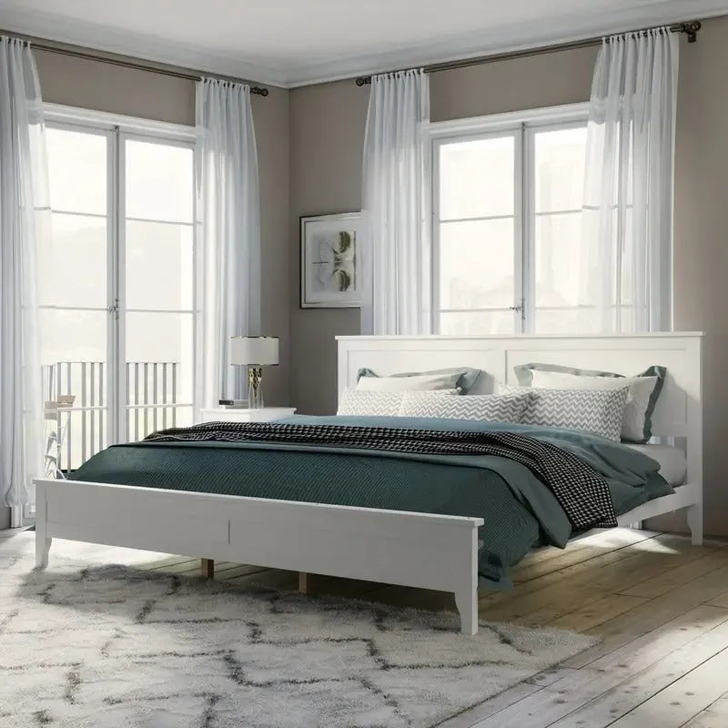 King Platform Bed Frame with Headboard & Footboard – White / Gray, Wood Slats, Single