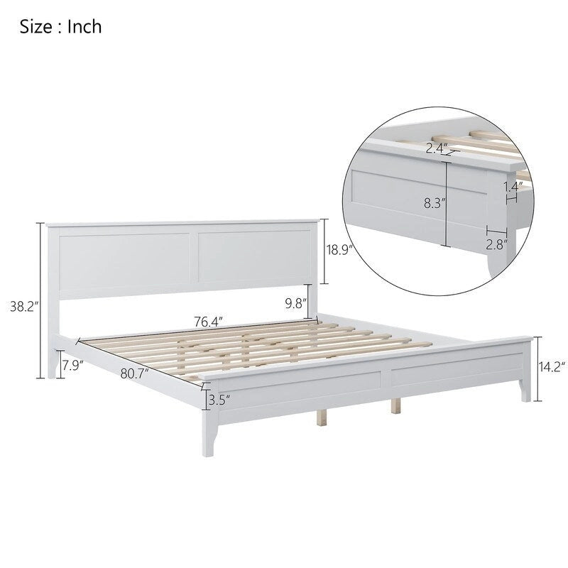 King Platform Bed Frame with Headboard & Footboard – White / Gray, Wood Slats, Single