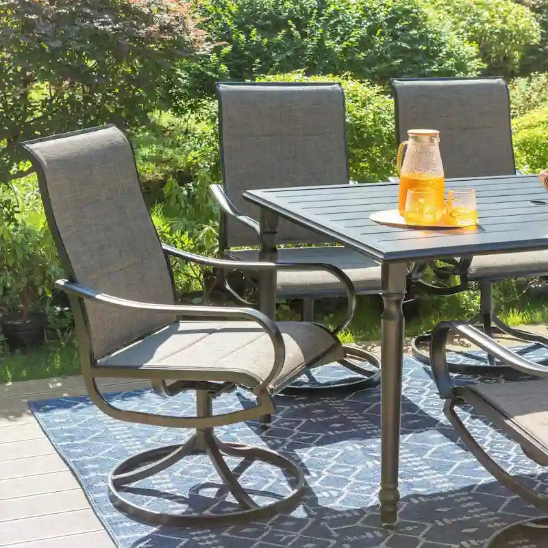 MAISON ARTS 7-piece Metal Rectangle Patio Outdoor Dining Set with Slat Table and Textilene Swivel Chairs