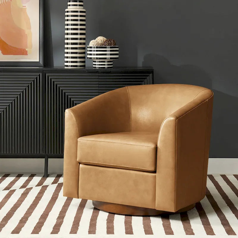Althea Modern Genuine Leather Swivel Barrel Chair with Solid Wood Base By 