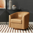 Althea Modern Genuine Leather Swivel Barrel Chair with Solid Wood Base By 