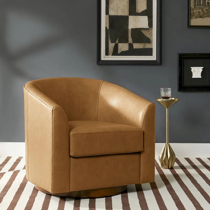 Swivel Barrel Chair, Modern Style, Genuine Leather – Brown / Sage / Camel, Single