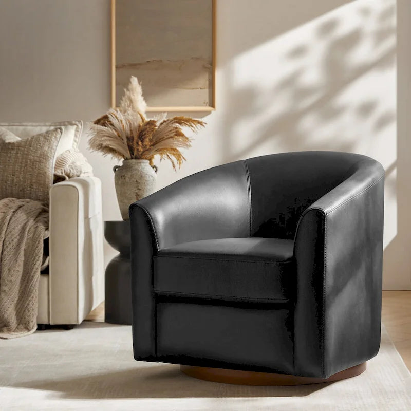 Swivel Barrel Chair, Modern Style, Genuine Leather – Brown / Sage / Camel, Single