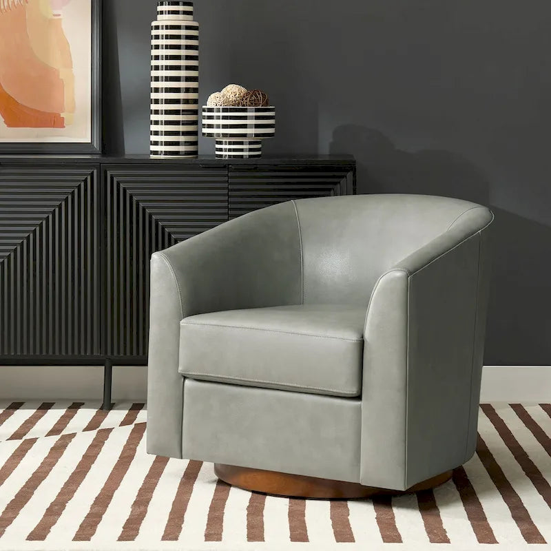 Swivel Barrel Chair, Modern Style, Genuine Leather – Brown / Sage / Camel, Single