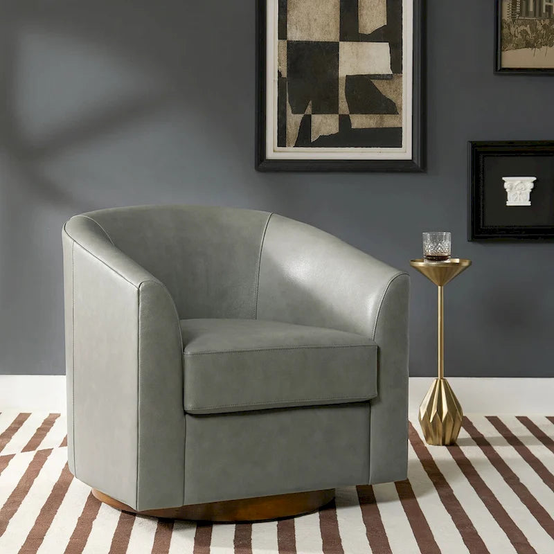 Swivel Barrel Chair, Modern Style, Genuine Leather – Brown / Sage / Camel, Single