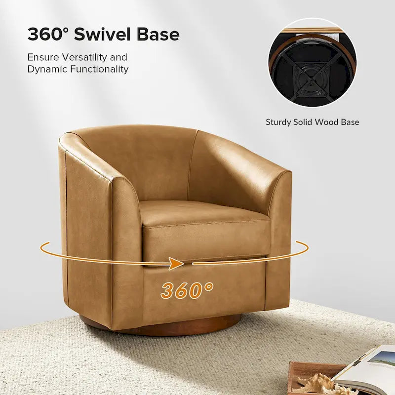 Swivel Barrel Chair, Modern Style, Genuine Leather – Brown / Sage / Camel, Single
