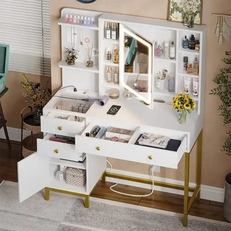 Makeup Vanity Desk with Lighted Mirror, Drawers and Charging Station – White / Black, Single