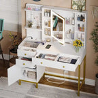 Makeup Vanity Desk with Lighted Mirror, Drawers and Charging Station – White / Black, Single