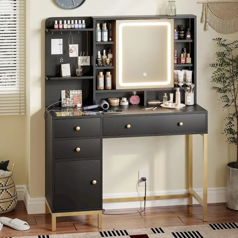 Makeup Vanity Desk with Lighted Mirror, Drawers and Charging Station – White / Black, Single