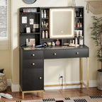Makeup Vanity Desk with Lighted Mirror, Drawers and Charging Station – White / Black, Single