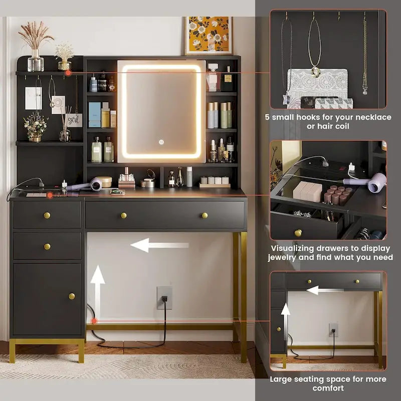 Makeup Vanity Desk with Lighted Mirror, Drawers and Charging Station – White / Black, Single