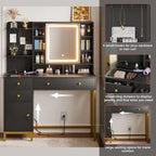 Makeup Vanity Desk with Lighted Mirror, Drawers and Charging Station – White / Black, Single