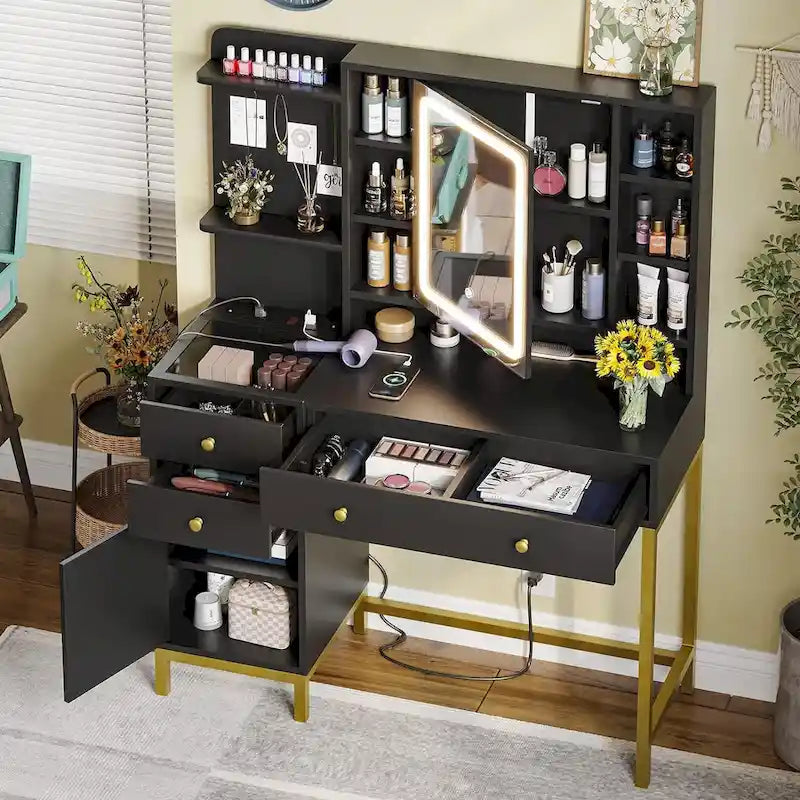 Makeup Vanity Desk with Lighted Mirror, Drawers and Charging Station – White / Black, Single
