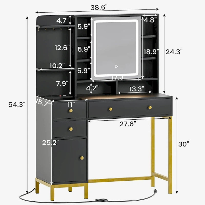 Makeup Vanity Desk with Lighted Mirror, Drawers and Charging Station – White / Black, Single