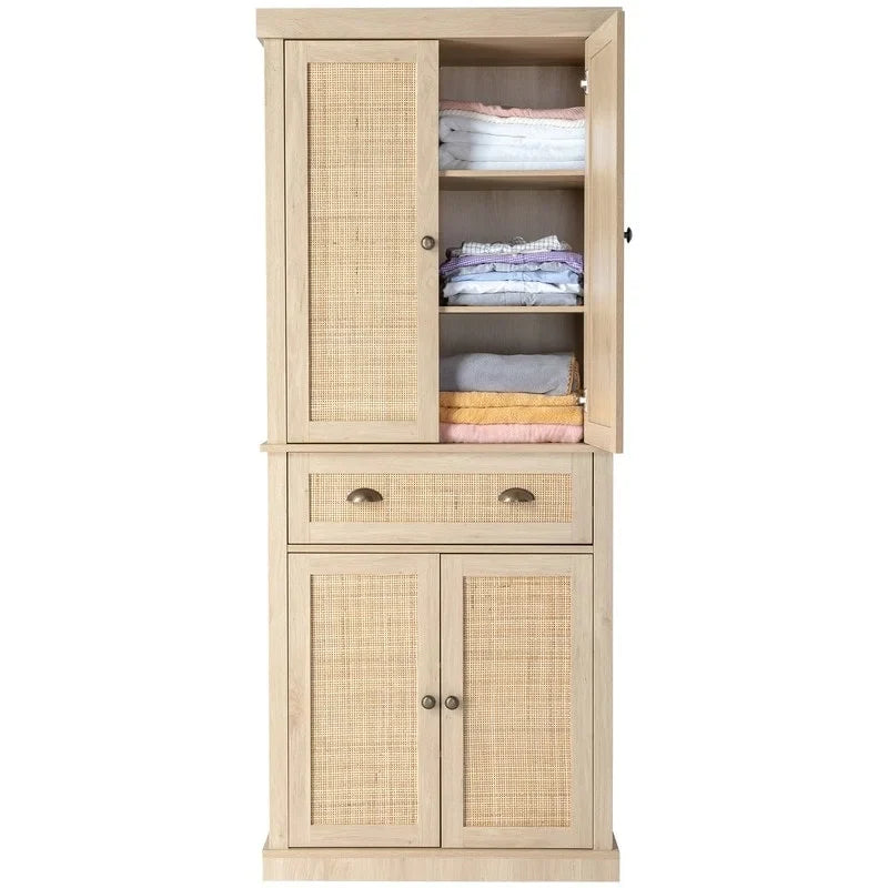 Rattan Door Wooden Armoire Wardrobe – Brown, 6 Shelves & 1 Drawer, Single
