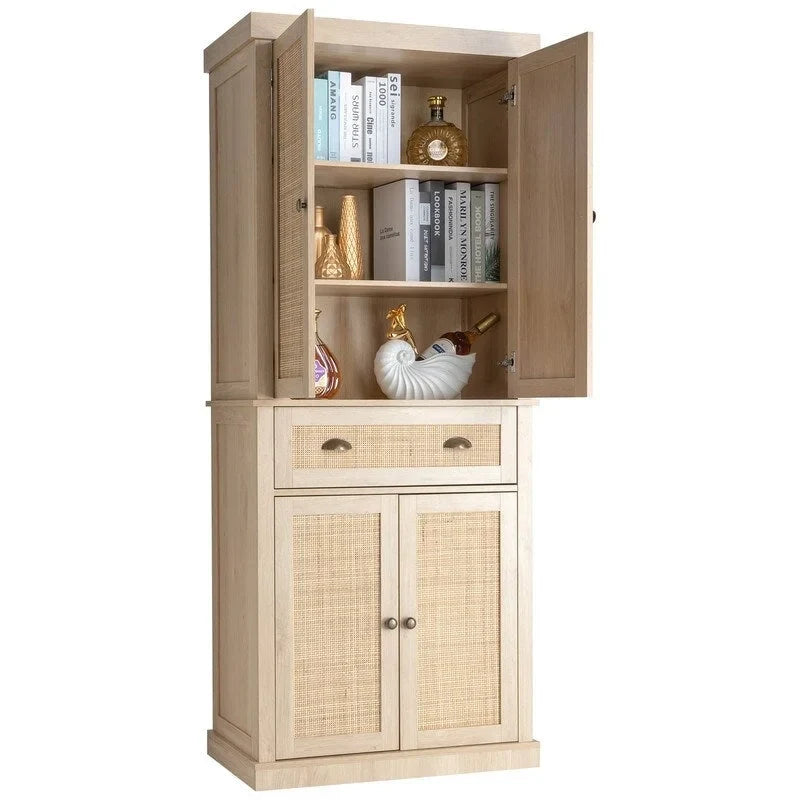 Rattan Door Wooden Armoire Wardrobe – Brown, 6 Shelves & 1 Drawer, Single
