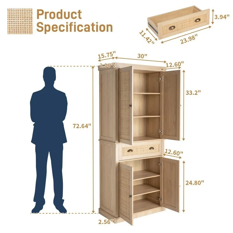 Rattan Door Wooden Armoire Wardrobe – Brown, 6 Shelves & 1 Drawer, Single