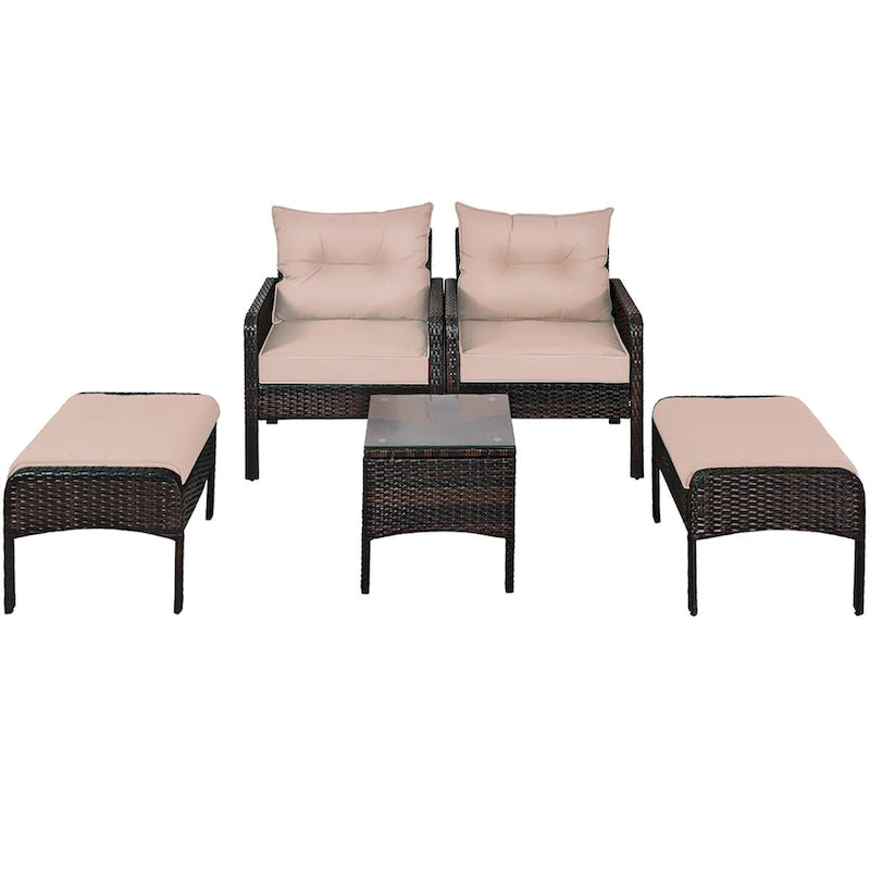 Costway 5 PCS Rattan Wicker Furniture Set Sofa Ottoman W/Brown Cushion