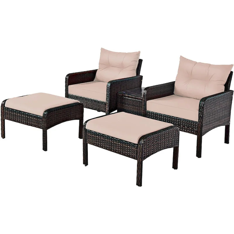 Costway 5 PCS Rattan Wicker Furniture Set Sofa Ottoman W/Brown Cushion
