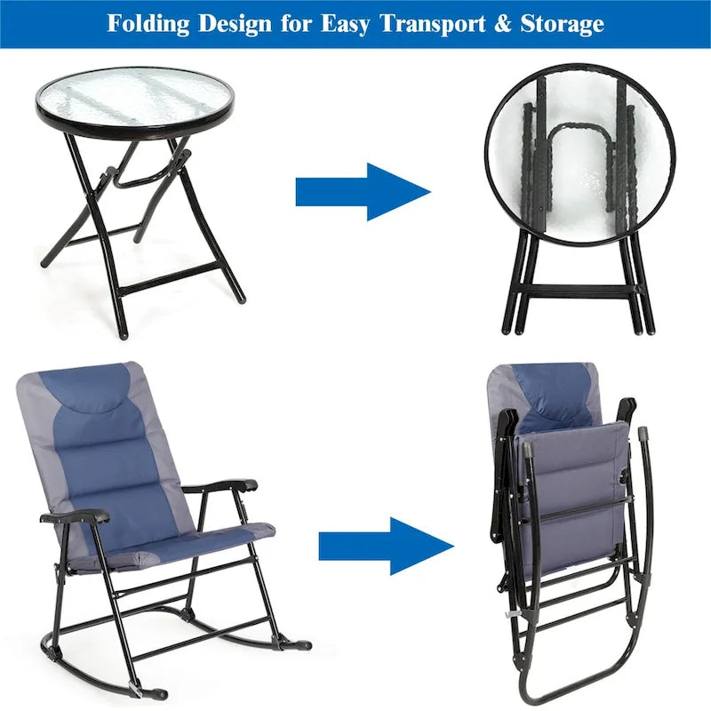 Costway 3PCS Folding Bistro Set Rocking Chair Cushioned Table Garden