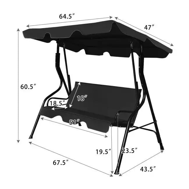 3 Seat Outdoor Patio Canopy Swing with Cushioned Steel Frame - 67.5 x 43.3 x 60.5(L x W x H)