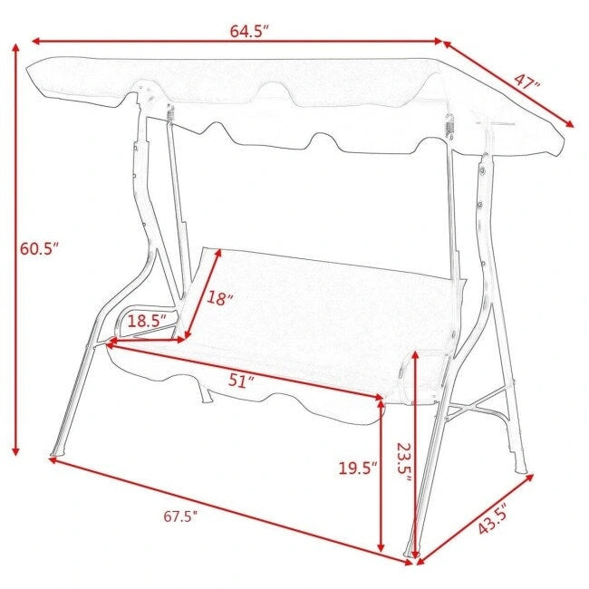 3 Seat Outdoor Patio Canopy Swing with Cushioned Steel Frame - 67.5 x 43.3 x 60.5(L x W x H)