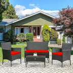 4 Pieces Patio Rattan Cushioned Sofa Set with Tempered Glass Coffee Table - 24 x 23.5 x 33 (L x W x H)