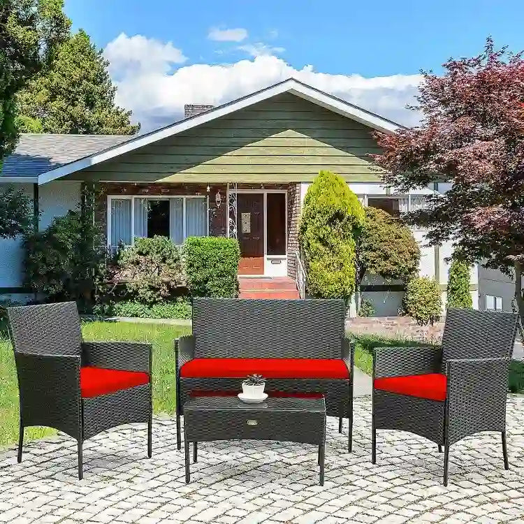 4 Pieces Patio Rattan Cushioned Sofa Set with Tempered Glass Coffee Table - 24 x 23.5 x 33 (L x W x H)