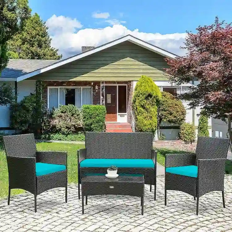 4 Pieces Patio Rattan Cushioned Sofa Set with Tempered Glass Coffee Table - 24 x 23.5 x 33 (L x W x H)