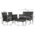 4 Pieces Patio Rattan Cushioned Sofa Set with Tempered Glass Coffee Table - 24 x 23.5 x 33 (L x W x H)