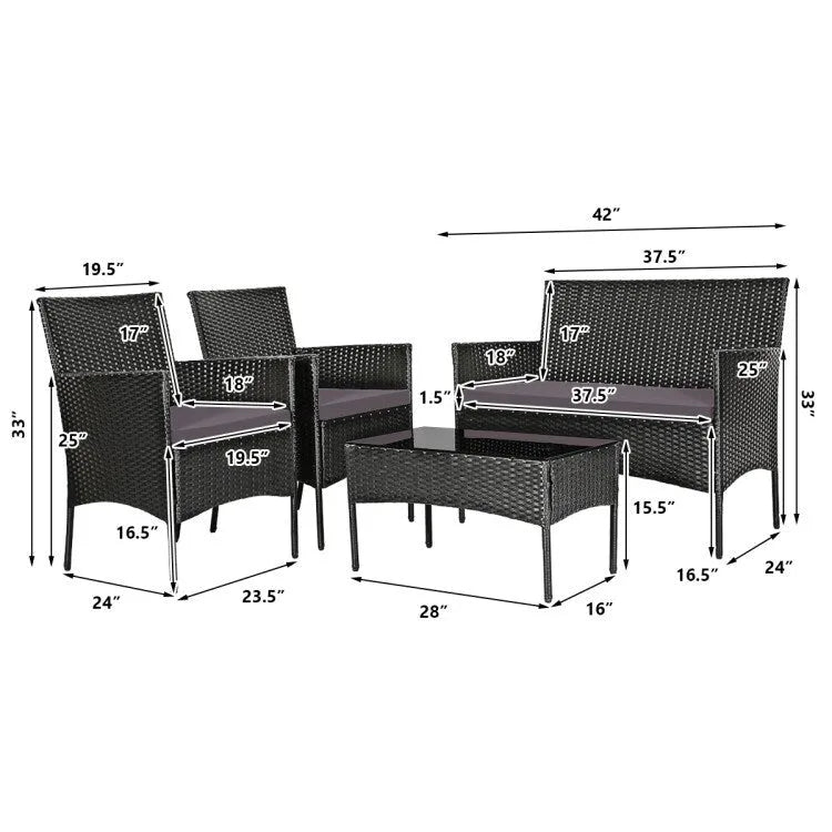 4 Pieces Patio Rattan Cushioned Sofa Set with Tempered Glass Coffee Table - 24 x 23.5 x 33 (L x W x H)