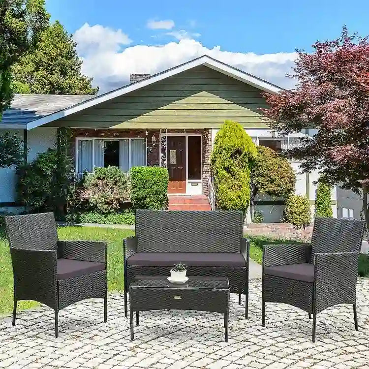 4 Pieces Patio Rattan Cushioned Sofa Set with Tempered Glass Coffee Table - 24 x 23.5 x 33 (L x W x H)