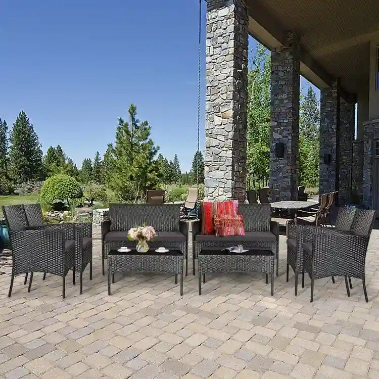 4 Pieces Patio Rattan Cushioned Sofa Set with Tempered Glass Coffee Table - 24 x 23.5 x 33 (L x W x H)