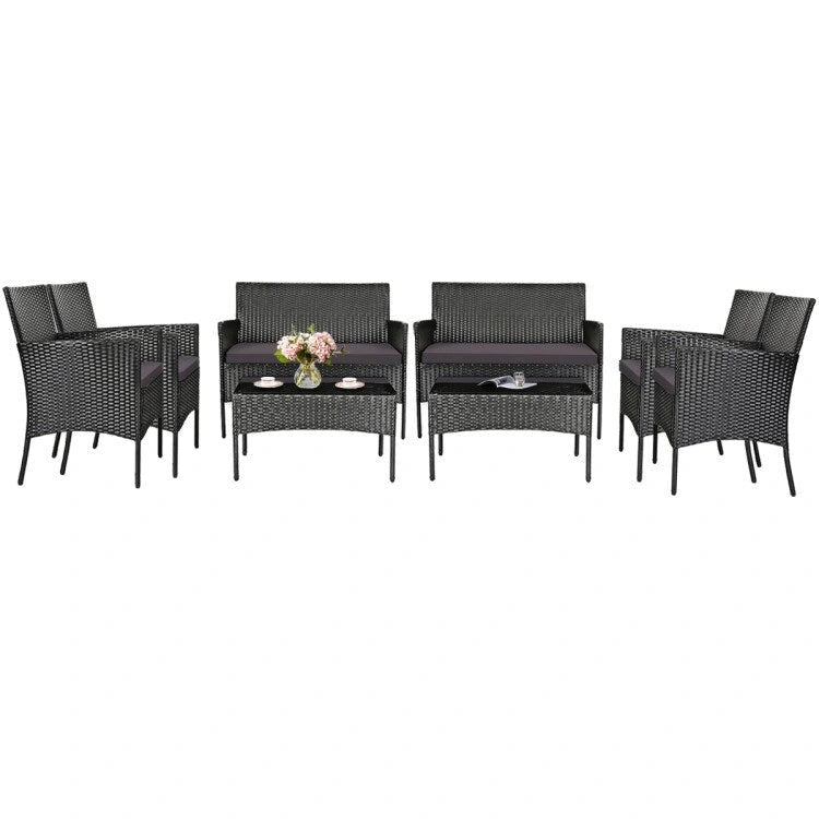 4 Pieces Patio Rattan Cushioned Sofa Set with Tempered Glass Coffee Table - 24 x 23.5 x 33 (L x W x H)