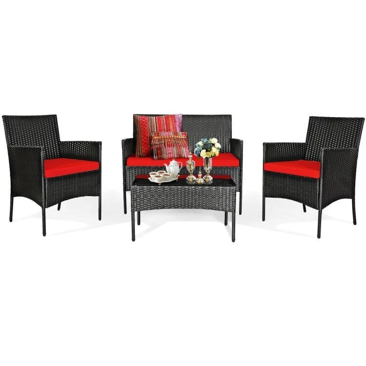 4 Pieces Patio Rattan Cushioned Sofa Set with Tempered Glass Coffee Table - 24 x 23.5 x 33 (L x W x H)