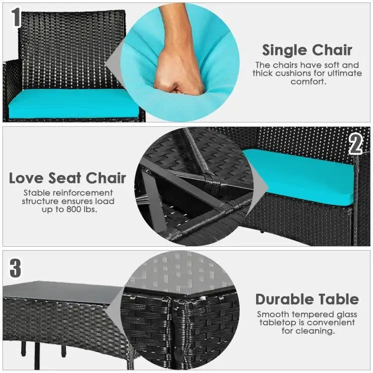 4 Pieces Patio Rattan Cushioned Sofa Set with Tempered Glass Coffee Table - 24 x 23.5 x 33 (L x W x H)